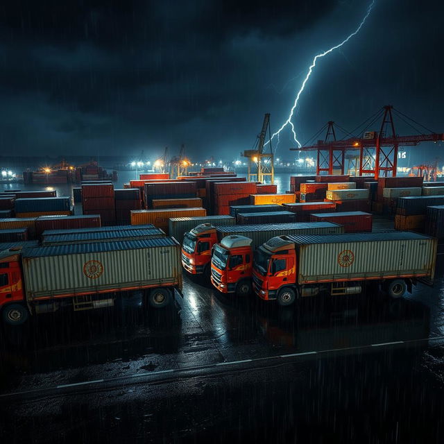 A natural aerial view of a line of Indian trucks with long containers at a containers port during a stormy and rainy dark night