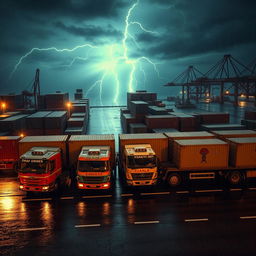 A natural aerial view of a line of Indian trucks with long containers at a containers port during a stormy and rainy dark night