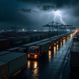 A natural aerial view of a line of Indian trucks with long containers at a containers port during a stormy and rainy dark night