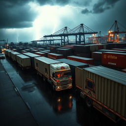 A natural aerial view of a line of Indian trucks with long containers at a containers port during a stormy and rainy dark night