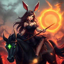 A beautiful, curvy bunny warrior girl with long brunette hair, green eyes, and striking red lips, dressed in a dark lacy dress and wearing glowing bunny ears