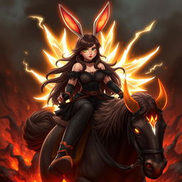 A beautiful, curvy bunny warrior girl with long brunette hair, green eyes, and striking red lips, dressed in a dark lacy dress and wearing glowing bunny ears