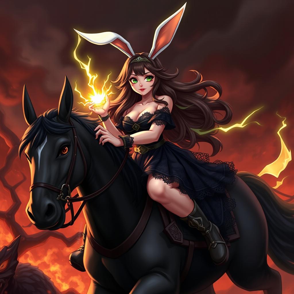 A beautiful, curvy bunny warrior girl with long brunette hair, green eyes, and striking red lips, dressed in a dark lacy dress and wearing glowing bunny ears