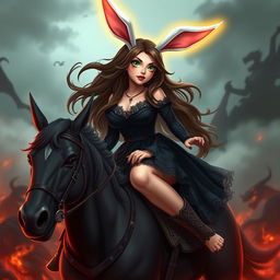 A beautiful, curvy bunny warrior girl with long brunette hair, green eyes, and striking red lips, dressed in a dark lacy dress and wearing glowing bunny ears