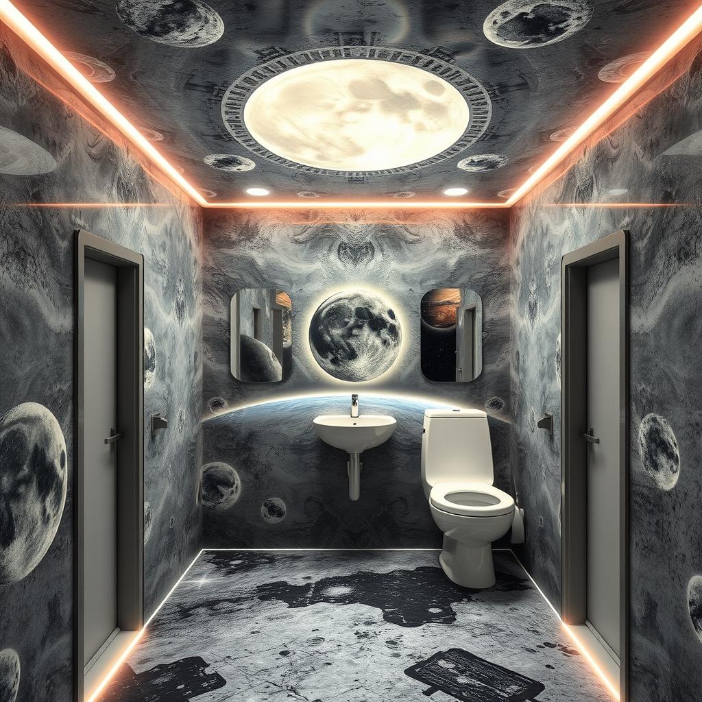 Experience an otherworldly sanitary unit interior designed in a space style, making you feel as though you are on the moon