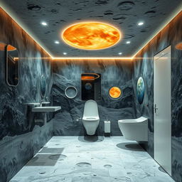 Experience an otherworldly sanitary unit interior designed in a space style, making you feel as though you are on the moon