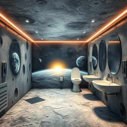 Experience an otherworldly sanitary unit interior designed in a space style, making you feel as though you are on the moon