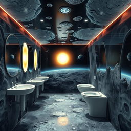 Experience an otherworldly sanitary unit interior designed in a space style, making you feel as though you are on the moon