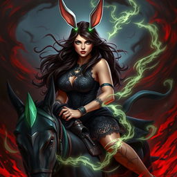 A beautiful curvy warrior woman with long brunette hair, striking green eyes, and deep red lips