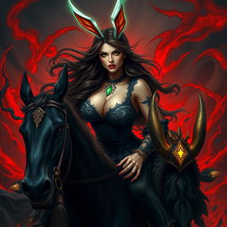 A beautiful curvy warrior woman with long brunette hair, striking green eyes, and deep red lips