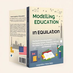 A book cover design illustrating the theme of "Modelling in Education: The Brazilian Education System, Evaluation, Metrics, and Learning Parameters, featuring mathematical models and a comparison between the United States of America, Portugal, and Brazil