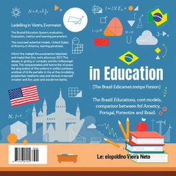 A book cover design illustrating the theme of "Modelling in Education: The Brazilian Education System, Evaluation, Metrics, and Learning Parameters, featuring mathematical models and a comparison between the United States of America, Portugal, and Brazil