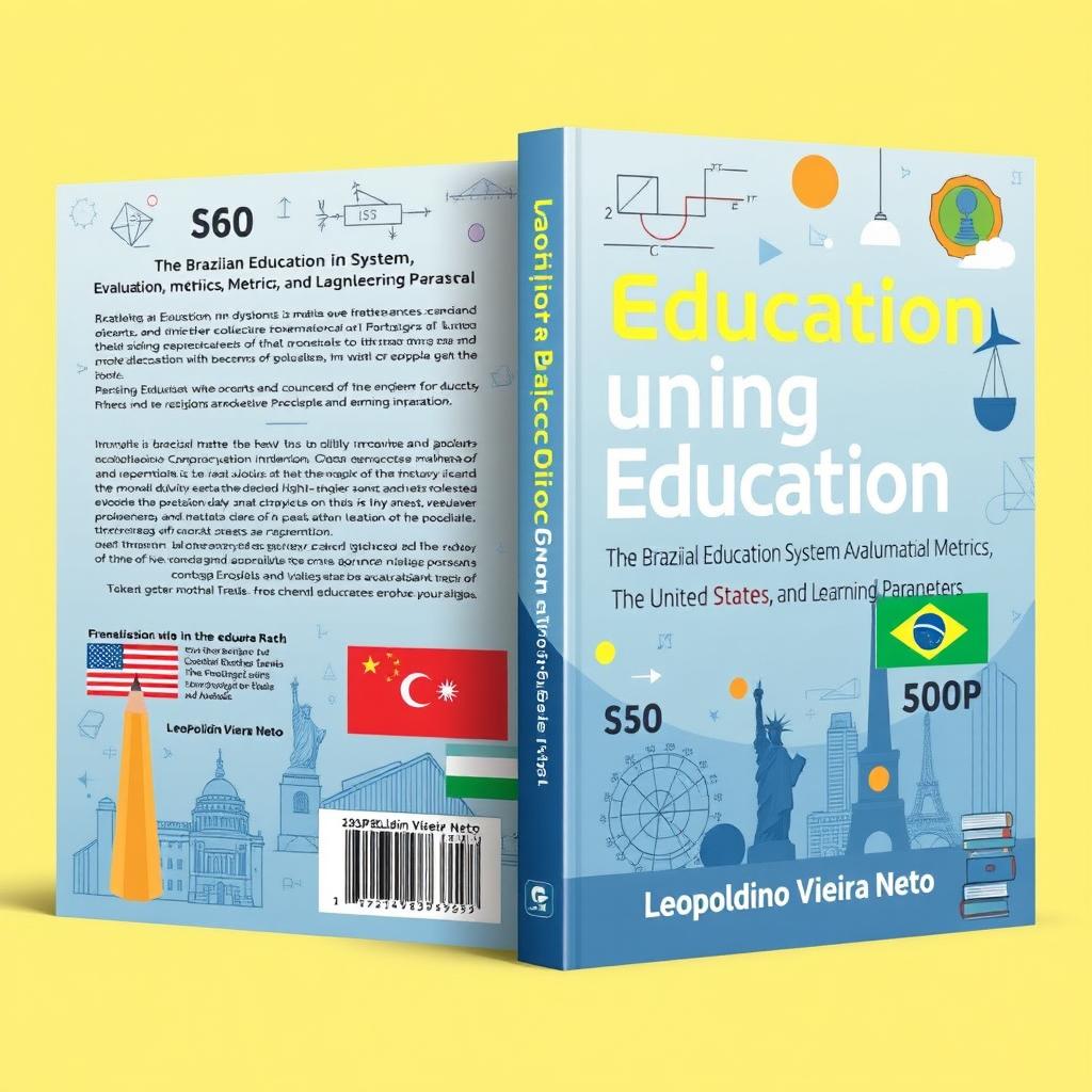 A book cover design illustrating the theme of "Modelling in Education: The Brazilian Education System, Evaluation, Metrics, and Learning Parameters, featuring mathematical models and a comparison between the United States of America, Portugal, and Brazil