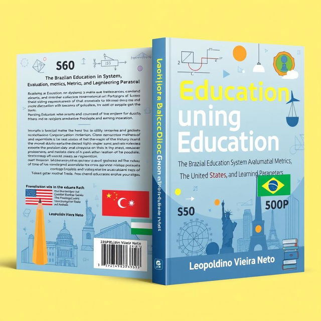 A book cover design illustrating the theme of "Modelling in Education: The Brazilian Education System, Evaluation, Metrics, and Learning Parameters, featuring mathematical models and a comparison between the United States of America, Portugal, and Brazil