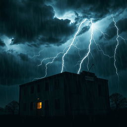 A narcotics company depicted as an ominous building situated under a stormy night sky