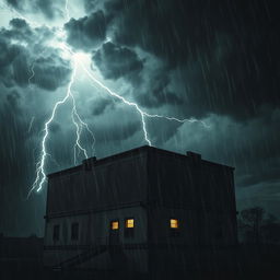 A narcotics company depicted as an ominous building situated under a stormy night sky