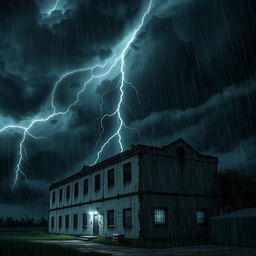 A narcotics company depicted as an ominous building situated under a stormy night sky