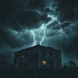 A narcotics company depicted as an ominous building situated under a stormy night sky