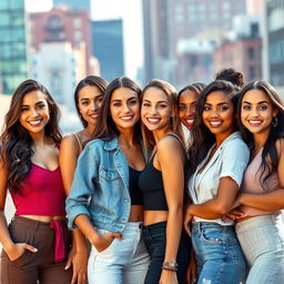 A group of stunning women standing confidently in a vibrant urban setting, showcasing diverse beauty, each with a unique and fashionable outfit