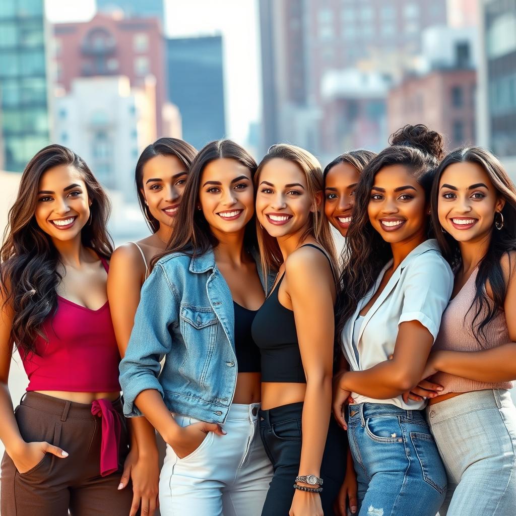 A group of stunning women standing confidently in a vibrant urban setting, showcasing diverse beauty, each with a unique and fashionable outfit