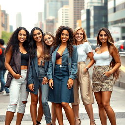 A group of stunning women standing confidently in a vibrant urban setting, showcasing diverse beauty, each with a unique and fashionable outfit