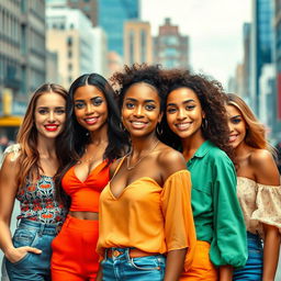 A group of stunning women standing confidently in a vibrant urban setting, showcasing diverse beauty, each with a unique and fashionable outfit