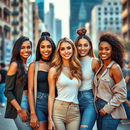 A group of stunning women standing confidently in a vibrant urban setting, showcasing diverse beauty, each with a unique and fashionable outfit