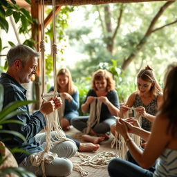 A group of people engaged in macrame weaving, participating in a corporate wellness activity