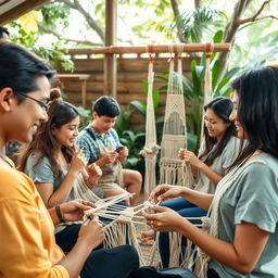 A group of people engaged in macrame weaving, participating in a corporate wellness activity