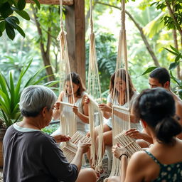 A group of people engaged in macrame weaving, participating in a corporate wellness activity