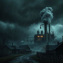 A World of Narcotics factory depicted in a dark and atmospheric setting