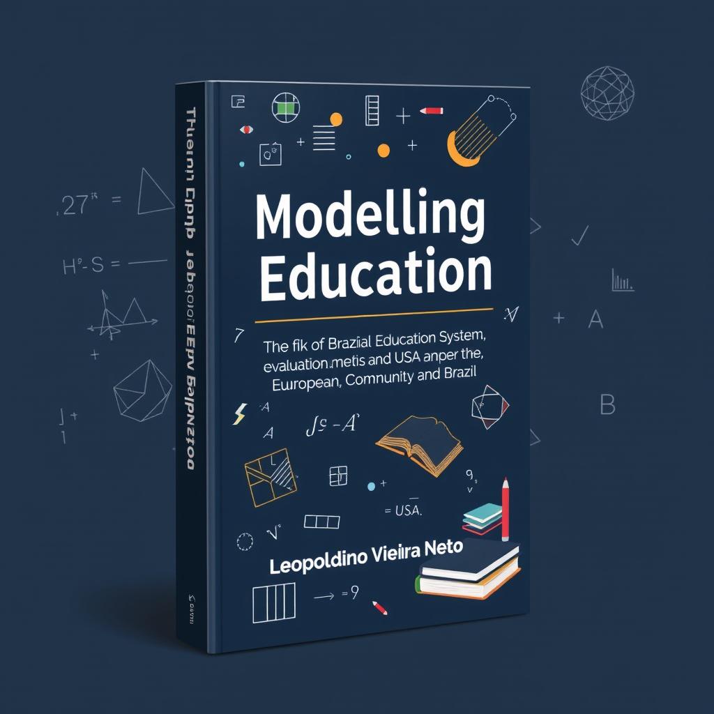 A book cover design illustrating the theme "Modelling in Education: The Brazilian Education System, Evaluation, Metrics, and Learning Parameters, featuring mathematical models and a comparison between the United States of America, the European Community, and Brazil