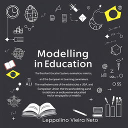 A book cover design illustrating the theme "Modelling in Education: The Brazilian Education System, Evaluation, Metrics, and Learning Parameters, featuring mathematical models and a comparison between the United States of America, the European Community, and Brazil