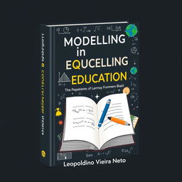 A book cover design illustrating the theme "Modelling in Education: The Brazilian Education System, Evaluation, Metrics, and Learning Parameters, featuring mathematical models and a comparison between the United States of America, the European Community, and Brazil