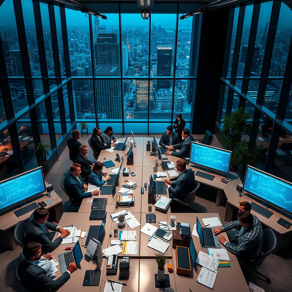 A bustling scene inside a corporate office representing a fictional World of Narcotics company