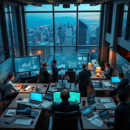 A bustling scene inside a corporate office representing a fictional World of Narcotics company