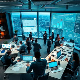 A bustling scene inside a corporate office representing a fictional World of Narcotics company