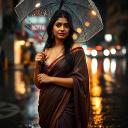 An Indian woman with a beautifully tanned complexion and curvy body, wearing a traditional saree with a tiny bra visible underneath