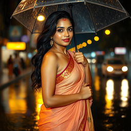 An Indian woman with a beautifully tanned complexion and curvy body, wearing a traditional saree with a tiny bra visible underneath