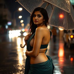 An Indian woman with a beautifully tanned complexion and curvy body, wearing a traditional saree with a tiny bra visible underneath