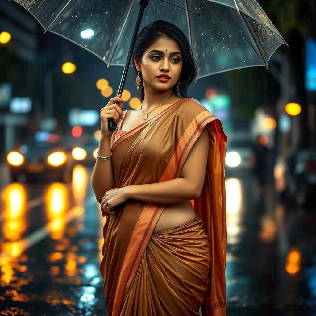 An Indian woman with a beautifully tanned complexion and curvy body, wearing a traditional saree with a tiny bra visible underneath