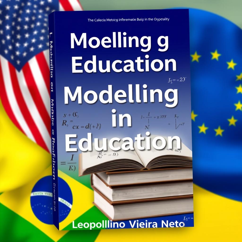 A book cover design featuring the theme "Modelling in Education: The Brazilian Education System, Evaluation, Metrics, and Learning Parameters involving mathematical models, with a comparison between the United States of America, the European Community, and Brazil