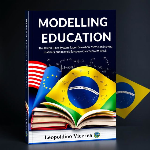 A book cover design featuring the theme "Modelling in Education: The Brazilian Education System, Evaluation, Metrics, and Learning Parameters involving mathematical models, with a comparison between the United States of America, the European Community, and Brazil