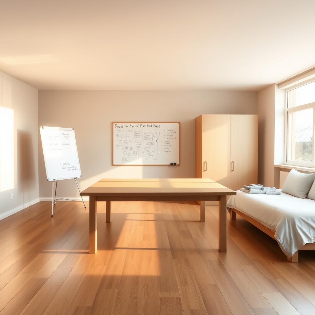a spacious room with a large table in the center, a whiteboard attached to the wall near the table, and a bed on the opposite side