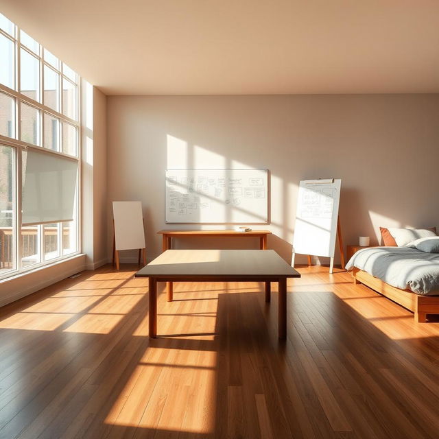 a spacious room with a large table in the center, a whiteboard attached to the wall near the table, and a bed on the opposite side