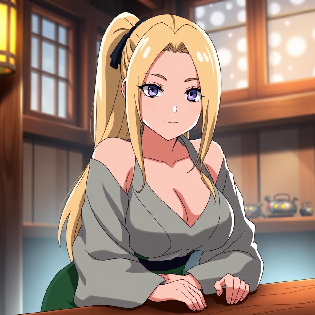 Ino Yamanaka from Naruto, depicted with medium-sized breasts, positioned slightly bent over a table