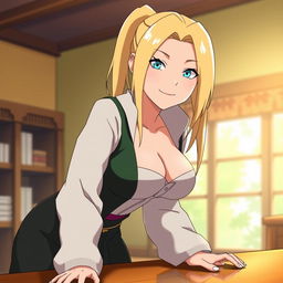 Ino Yamanaka from Naruto, depicted with medium-sized breasts, positioned slightly bent over a table