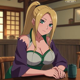 Ino Yamanaka from Naruto, depicted with medium-sized breasts, positioned slightly bent over a table