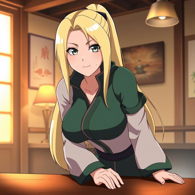 Ino Yamanaka from Naruto, depicted with medium-sized breasts, positioned slightly bent over a table