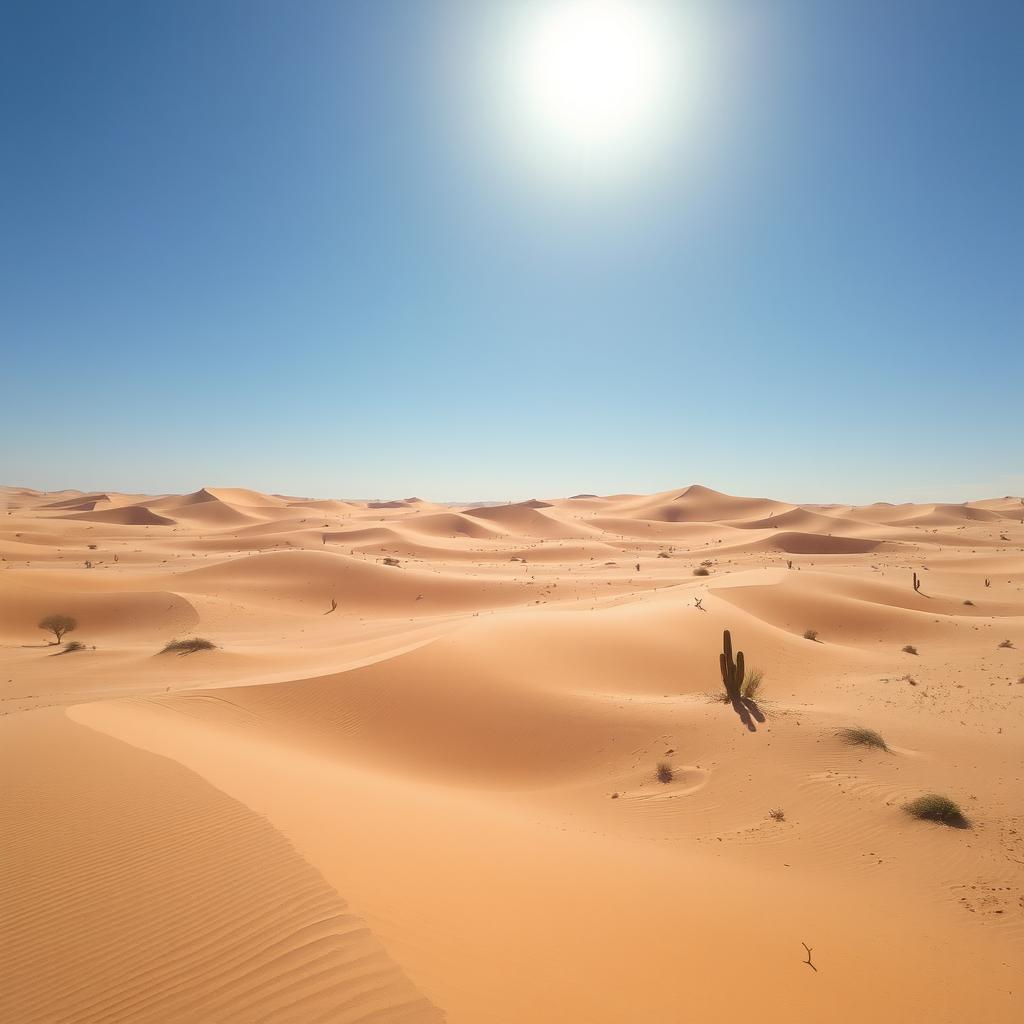 An expansive, arid desert landscape under a clear blue sky